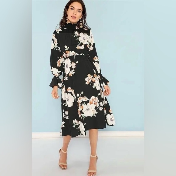 Boho SHEIN Mock Frill Neck Flounce Sleeve Navy Floral Maxi Long Dress Size S - Picture 10 of 12